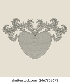 Heart with floral ornament scroll decoration, Vintage engraving drawing style illustration