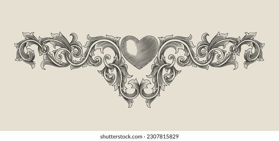 heart with floral ornament, Vintage engraving drawing style, antique design vector illustration