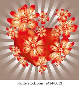 Heart with a floral pattern of flowers on the ray background, Valentine's Day, vector, eps10 