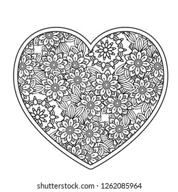 Heart with floral pattern. Valentines day adult coloring page. Vector illustration. Isolated on white background