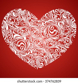 Heart in floral style isolated on red  background. Celebration background with heart. Vector illustration 