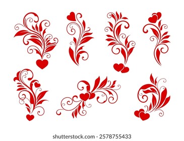 Heart flourish decorations of valentines day. Vector set of ornate red floral hearts with swirling decorative patterns, featuring leaves, curves and romantic motifs for wedding invitations or decor