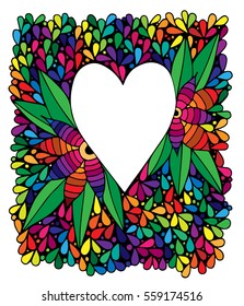 Heart with flower in abstract colorful frame. Can be used for Valentines day card, invitation, posters, texture backgrounds, placards, banners.