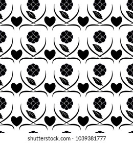Heart and flower black seamless pattern. Fashion graphic design. Modern abstract stylish texture. Monochrome template for prints, textiles, wrapping, wallpaper, card, banner. Vector illustration