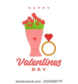 heart flower bouquet drawing vector with diamond ring valentines day card design