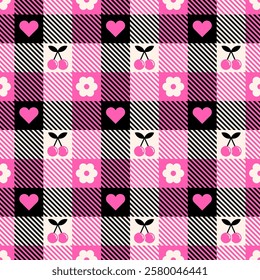 Heart, flower and cherry with plaid pattern design for Valentine's Day background.