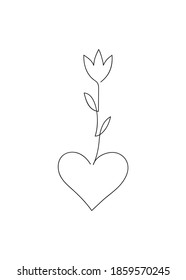 Corazón y flor dibujados con línea negra continua y delgada. Ilustración del vector