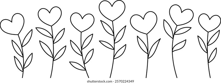 Heart flower element line for Valentine's Day card decoration, Black Illustration vector