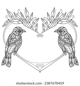 Heart flower frame and bird hand drawn for adult coloring book