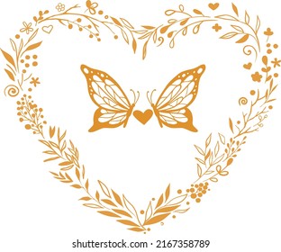 Heart flower frame surrounded by butterflies. on a white background