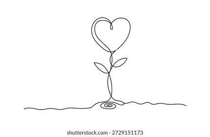 Heart flower growing continuous line art black drawing illustration conceptual plant design with bright open area