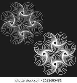 Illusion de fleur de coeur. Spirale optique blanche. Abstrait, arrière-plan noir. Image vectorielle vortex pétale.