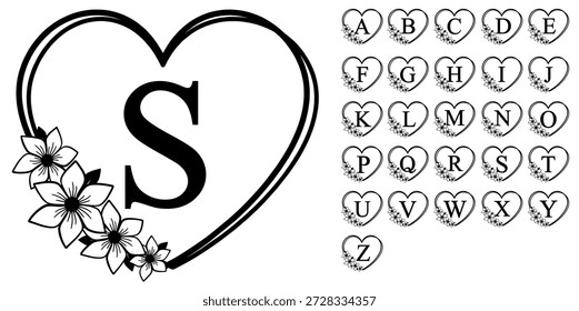 Heart Flower Monogram Letters Set, Font Vector Design
