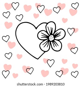 Heart with a flower on a background of pink and contour-drawn hearts. Vector illustration hand drawn in doodle style