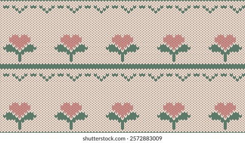 Heart flower on cream knitted pattern, Festive Sweater Design. Seamless Knitted Pattern