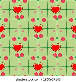 Heart and flower pattern on green square. Decorative colorful elegant romantic seamless pattern with insect for decor, wallpaper, fabric, prints. Abstract fashion texture. Vector illustration