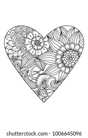 Heart with flower pattern. Vector white and black drawn for coloring book. Valentines day theme