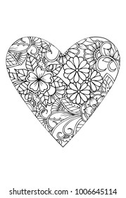Heart with flower pattern. Vector white and black drawn for coloring book. Valentines day theme