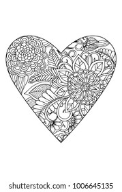 Heart with flower pattern. Vector white and black drawn for coloring book. Valentines day theme