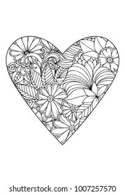 Heart with flower pattern. Vector white and black drawn for coloring book. Valentines day theme