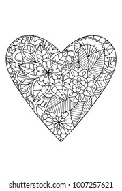 Heart with flower pattern. Vector white and black drawn for coloring book. Valentines day theme