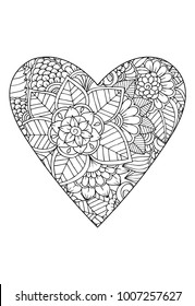 Heart with flower pattern. Vector white and black drawn for coloring book. Valentines day theme