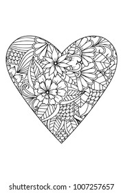 Heart with flower pattern. Vector white and black drawn for coloring book. Valentines day theme