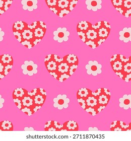 Heart Flower Pink Seamless Pattern. Trendy Vibrant hand drawn Romantic Background with Daisy Blossoms and Floral Love Symbols. Modern Valentine Day and Wedding vector illustration