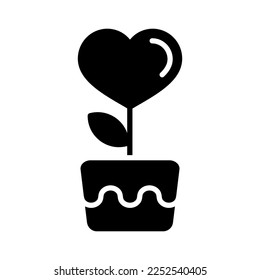 Heart flower in pot glyph icon. Valentine day symbol. Vector illustration, romance elements. Sticker, patch, badge, card for marriage, wedding