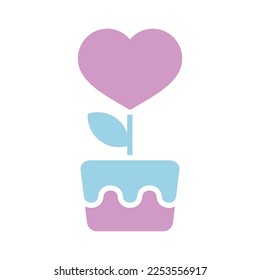 Heart flower in pot glyph icon. Valentine day symbol. Vector illustration, romance elements. Sticker, patch, badge, card for marriage, wedding