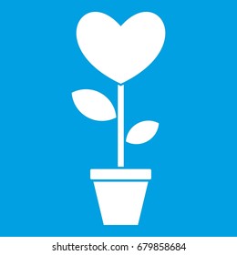 Heart flower in a pot icon white isolated on blue background vector illustration