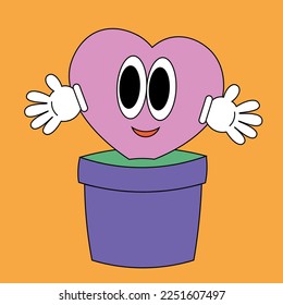 Heart in flower pot. Illustration Character in Groovy cartoon style.