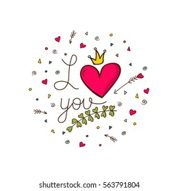 Heart flower in pot. I love you. Cards Valentines Day and wedding invitation. Vector illustration