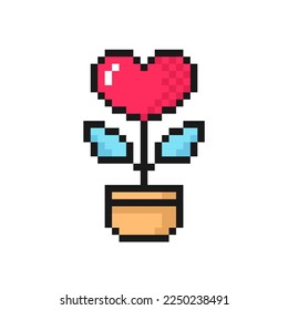 Heart flower in pot pixel icon. Symbol for Valentine's Day. Isolated on white background vector sign