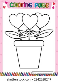 Heart flower in a pot. Valentine's day. Coloring page for kids. Activity Book.