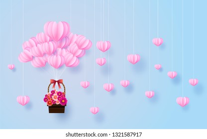 heart and flower in the sky, valentine day,paper art style,vector design