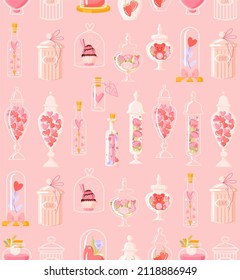 Heart, flower, sweet in glass cloche jars dome seamless vector pattern. Pink background. Flat style template for fabric printing, wallpaper, background, scrapbook sheets. Happy Valentines day