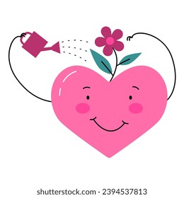 Heart with flower. Watering a flower from a watering can. Spotlight on self-care and the benefits effective self-care can bring to both individuals and healthcare systems. Mental health concept svg