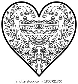 heart with flowers and abstract ornaments in folk style drawn on a white background, vector, valentines day