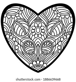 heart with flowers and abstract ornaments painted on a white background for coloring, vector, coloring book, valentine day