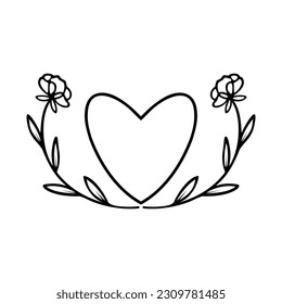 Herz mit Blumen, Grenze. Handgezeichnet. Hochzeitselement. Einfache Vektorgrafik.