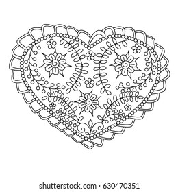 Heart with flowers, branches and leaves. Vector illustration. Black and white.