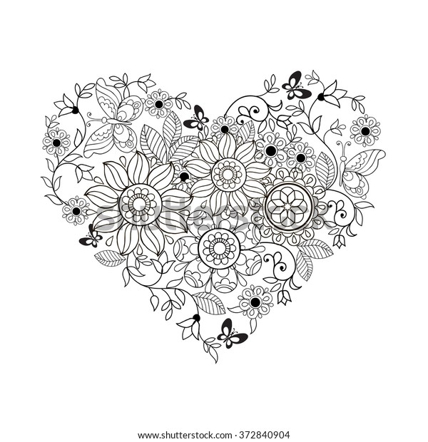 Heart Flowers Butterflies Coloring Books Adults Stock Vector (Royalty ...