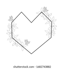 Heart with flowers and butterflies. Monogram wedding design. Geometric heart.vector frame with place for your text.Can be used as greeting card, invitation card for wedding,birthday and other holiday 