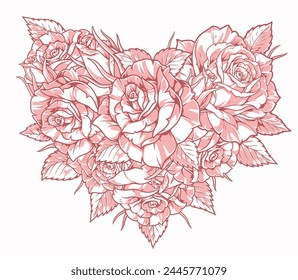 Heart of flowers colorful element with beautiful composition of fresh roses for festive decorations for February 14 vector illustration