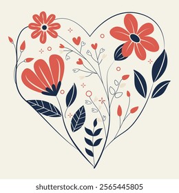 A heart with flowers drawn around it. The flowers are red and blue. The heart is surrounded by leaves and stems