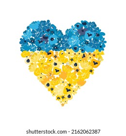 Heart from flowers. Flag of Ukraine, symbol. No war. Blue-yellow. Isolated vector illustration.