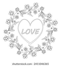 Heart and flowers frame. Monochrome vintage floral ornament. Many small flowers. Black and white vector illustration. Ornamental round lace pattern. Delicate pattern for print.