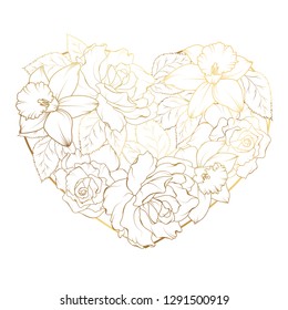 Heart of flowers gold. Greeting elements for design. Daffodils, narcissus, rose on white background.