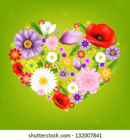 Heart From Flowers With Green Background With Gradient Mesh, Isolated On Green Background, Vector Illustration